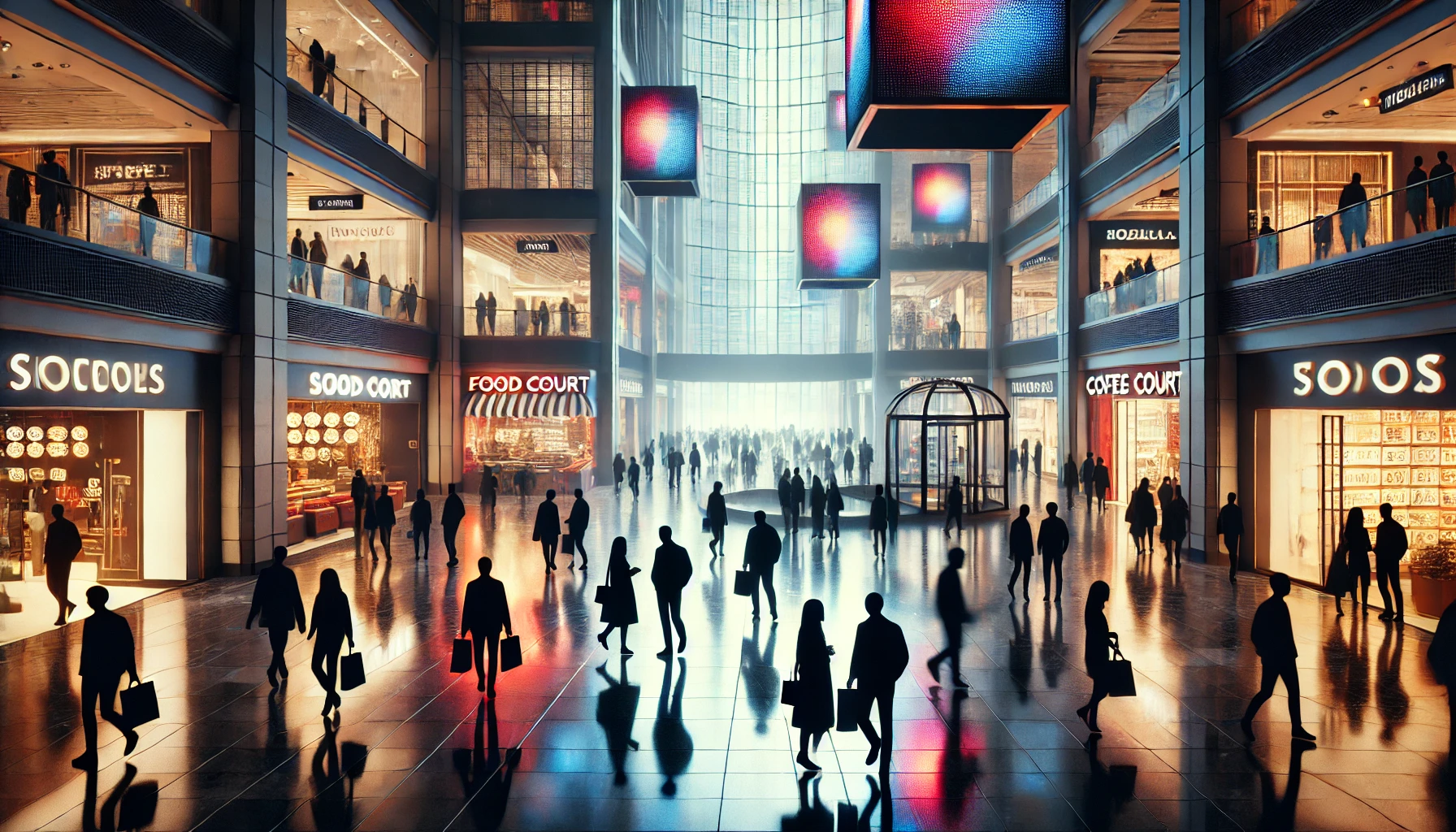 DALL·E 2024-11-24 05.52.50 - A bustling modern shopping mall portrayed in shadowy silhouettes, as if crafted with acrylic paint. People of diverse shapes and postures are visible